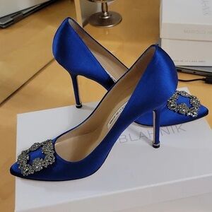 Manolo Blahnik Hangisi Royal Blue Satin Heels with Crystal Embellishment